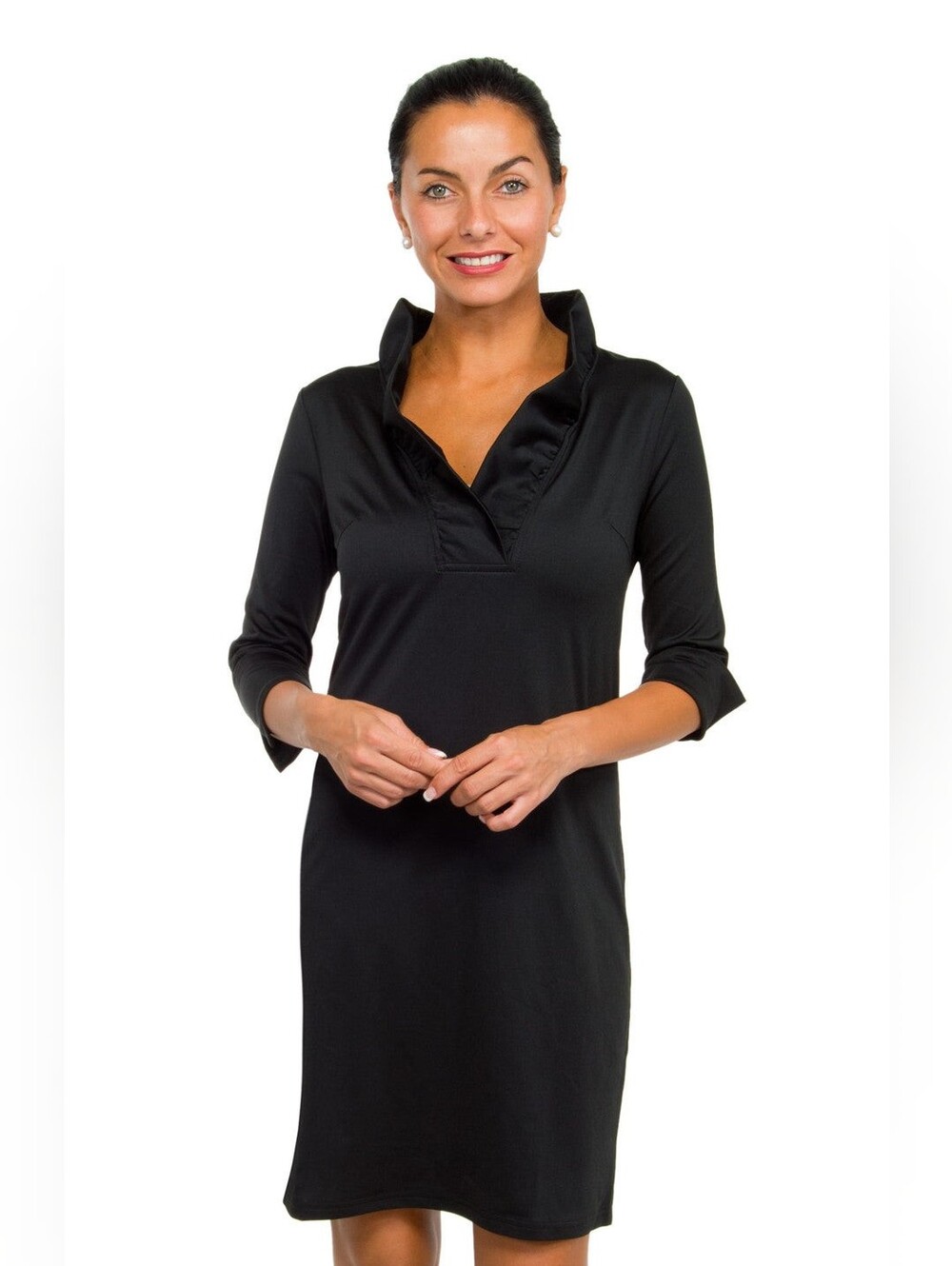 Gretchen Scott Ruff Neck Jersey Dress - Solid Black Size Large